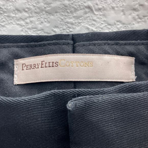 Perry Ellis Cotton Black Flat Front Pockets Zip Hook Eye Tailored Fit Chino Pant - Picture 2 of 9